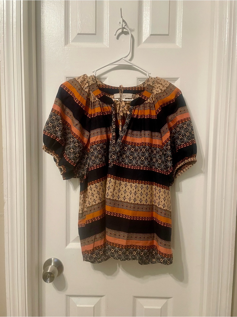 LOFT Striped Boho Peasant Blouse in Black, Rust and Tan